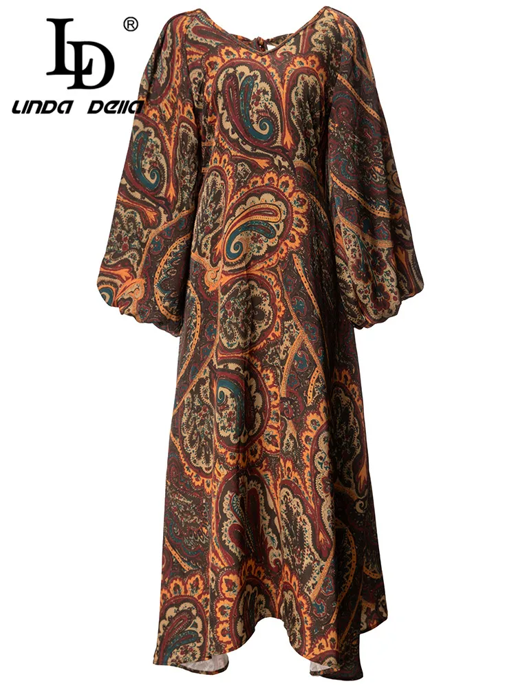 

LD LINDA DELLA Autumn New Style Vintage Designer Dress Women's Bohemia Flare Sleeve Print High waist Slim Fit Long Dress