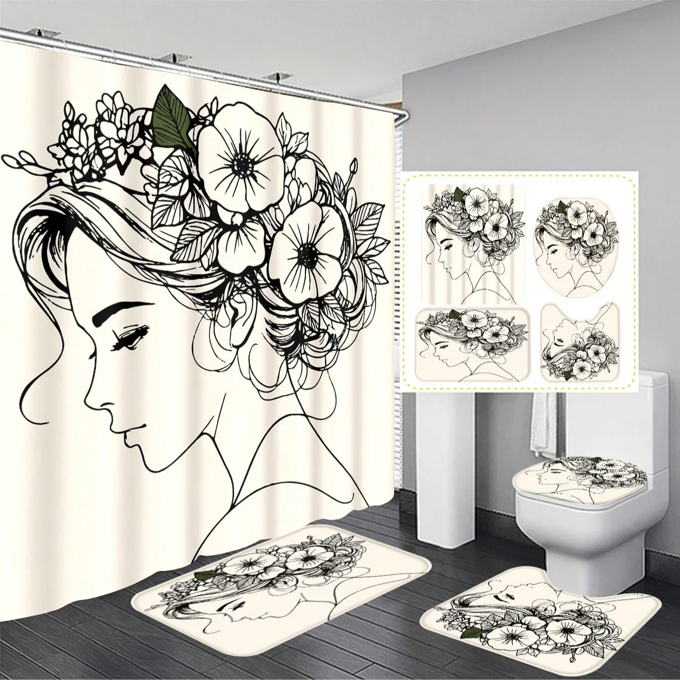 

4pcs Minimalist Black Line Charm Ladies Bathroom Set Including Waterproof Shower Curtain Applicable For Full Bathroom Scenes