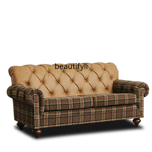 

Retro Leather Sofa American Fabric Ecological Leather Living Room French Entry Lux Double Sofa