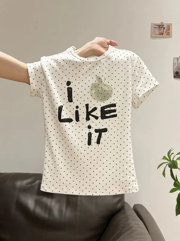 Czysta Bawełna Koreańskie Słodkie Urocze Koszulki w Białe Kropki Zabawny Nadruk \"I Like It\" Unikalne T-shirty Y2K Młodzieżowe Damskie Lata 2000 Retro Letnia Koszulka