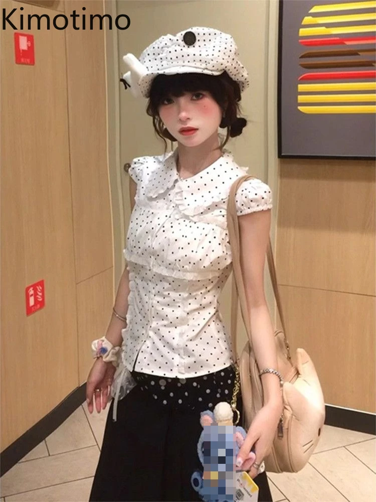 

Kimotimo Polka Dot Peter Pan Collar Short Sleeve Shirts Women Korean Style Sweet Slim Fit Lace Up Crop Top Vintage Y2k Blouses