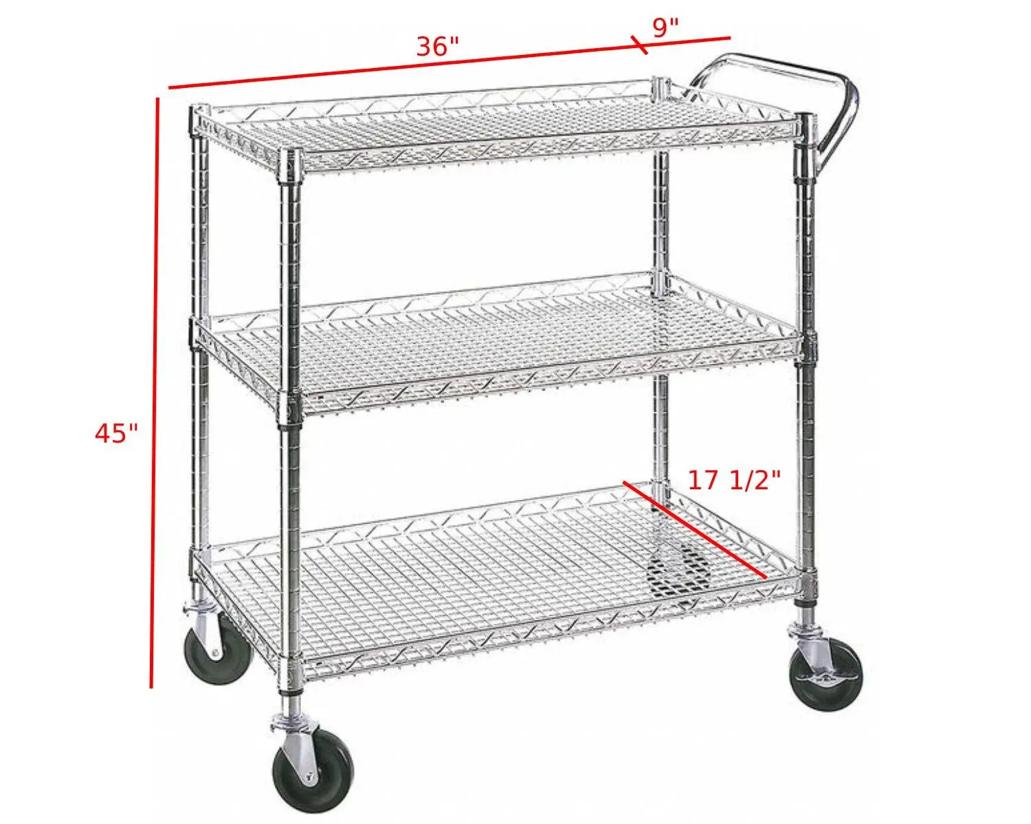 Heavy Duty Rolling Utility Kitchen Cart on Wheels, Chrome Serving Cart Commercial Grade with Wire Shelving and Handle Bar