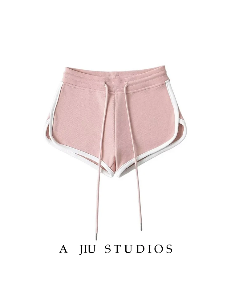 American Style Comfortable Color Block Sports Shorts Women's Drawstring Elastic Waist A-Line Casual Split Hot Pants Home Pants