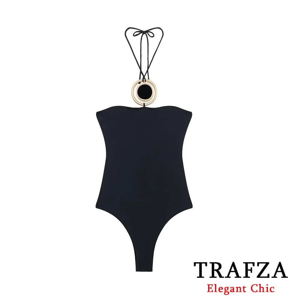 

TRAFZA-Women Elegant Round Metal Trimmed Vest Bodysuit Strap Classic Swimsweater New 2025 Sprin Summer Fashion Beach Bodysuit