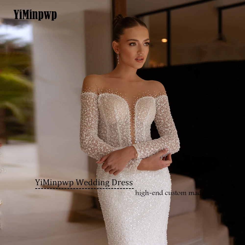 Glitter Wedding Dresses Full Sleeves Detachable Train Beaded Mermaid Glitter Bridal Gowns Shiny O-Neck Bride Dress Customized