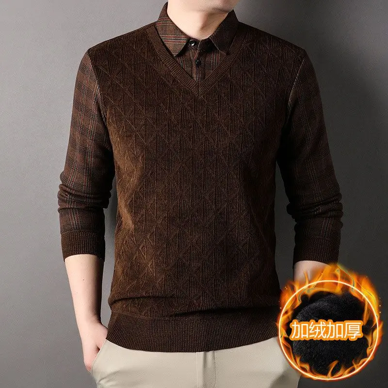 Two-piece Men's Plus Velvet Thickened Chenille Sweater Loose Shirt Collar Warm Clothes Winter Clothes