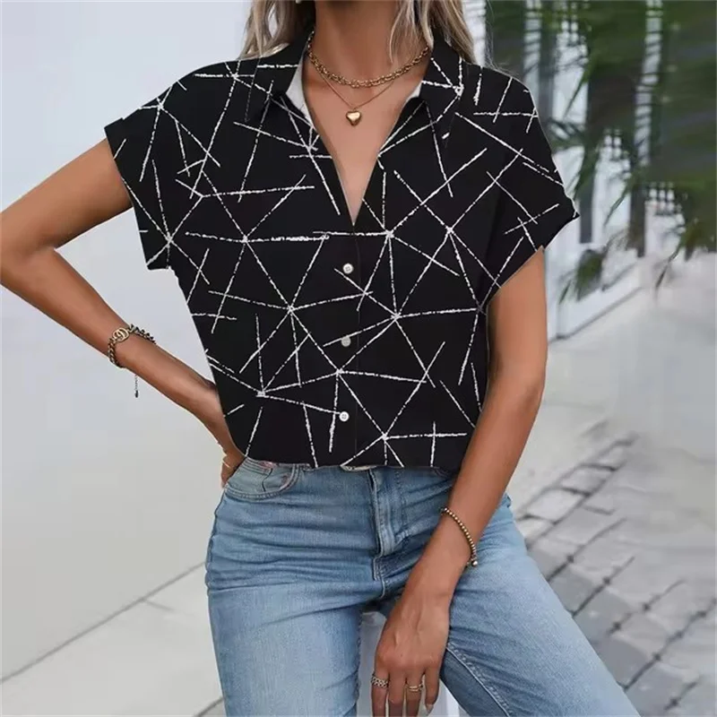 Daily Casual Women\'s Shirt Classic Black Line Print Shirts & Blouses Women\'s Summer Clothes Short Sleeve Button Front Shirt Tops