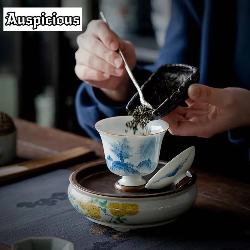 120 مللي نقية رسمت باليد الجبل تيار مخفي عالية القدم الشاي turin Underglaze اللون مغطاة السلطانية ماكينة إعداد الشاي السيراميك هدايا Gaiwan