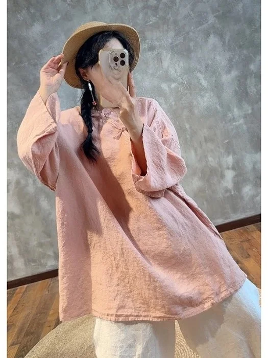 

Ретро повседневная свободная льняная рубашка с длинным рукавом, весна 2026, женская модная художественная блузка оверсайз, удобный классический топ