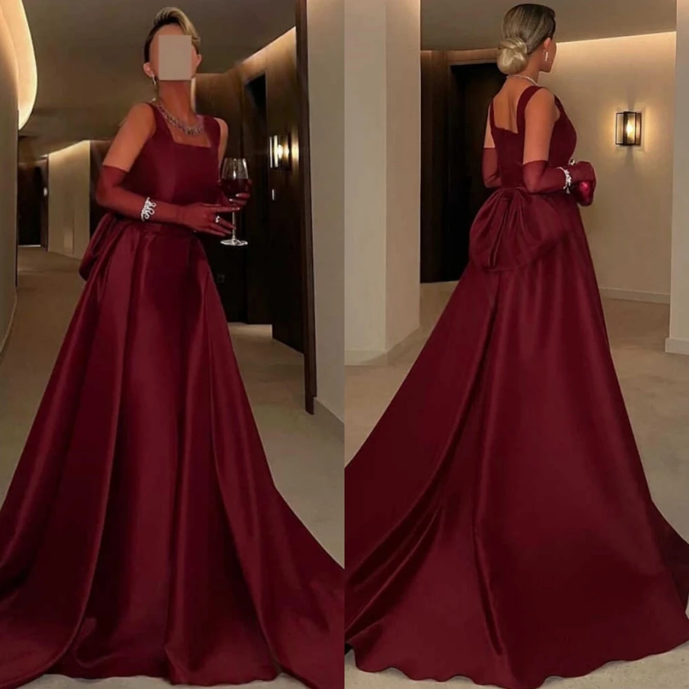 

Customized Graceful Burgundy Satin Evening Dress Sexy Square Collar Sleeveless Prom Dress Soft Spaghetti Straps Bow Party Dress