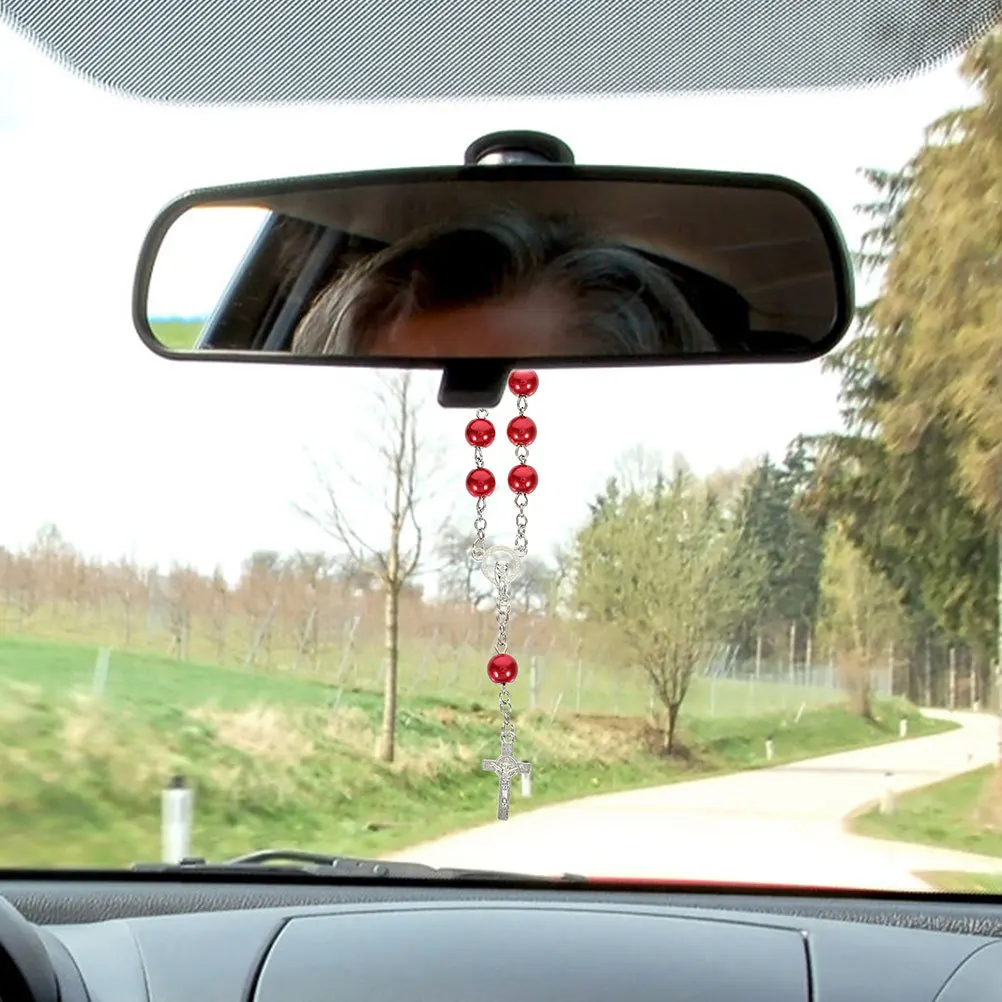 

2Pcs Car Rosary Rearview Mirror Hanging Accessories Red Catholic Beads Cross Pendant Auto for Men Women Anglican Prayer Beads