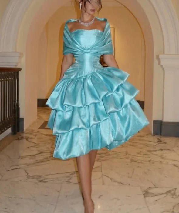 High Quality Customized Off Shoulder Blue Tiered A-line Woman Robe Vestido Boda Elegante Invitada فساتين مودرن Prom Dresses 드레스