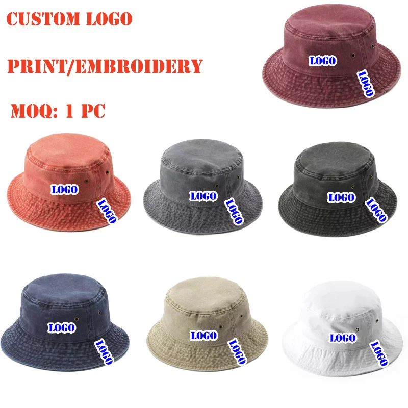 Custom Logo Unisex Fashion Washed Denim Bucket Hat Solid Vintage Fisherman Hat for Women Men Outdoor Sun Visor Cap Panama Hat