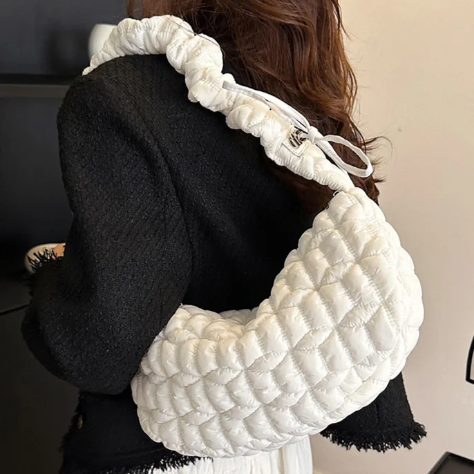 

Winter Bubbles Pleated Satchel Korean Cotton Padded Shoulder Bag Women Ruched Solid Crossbody Bag Drawstring Puffer Tote Handbag