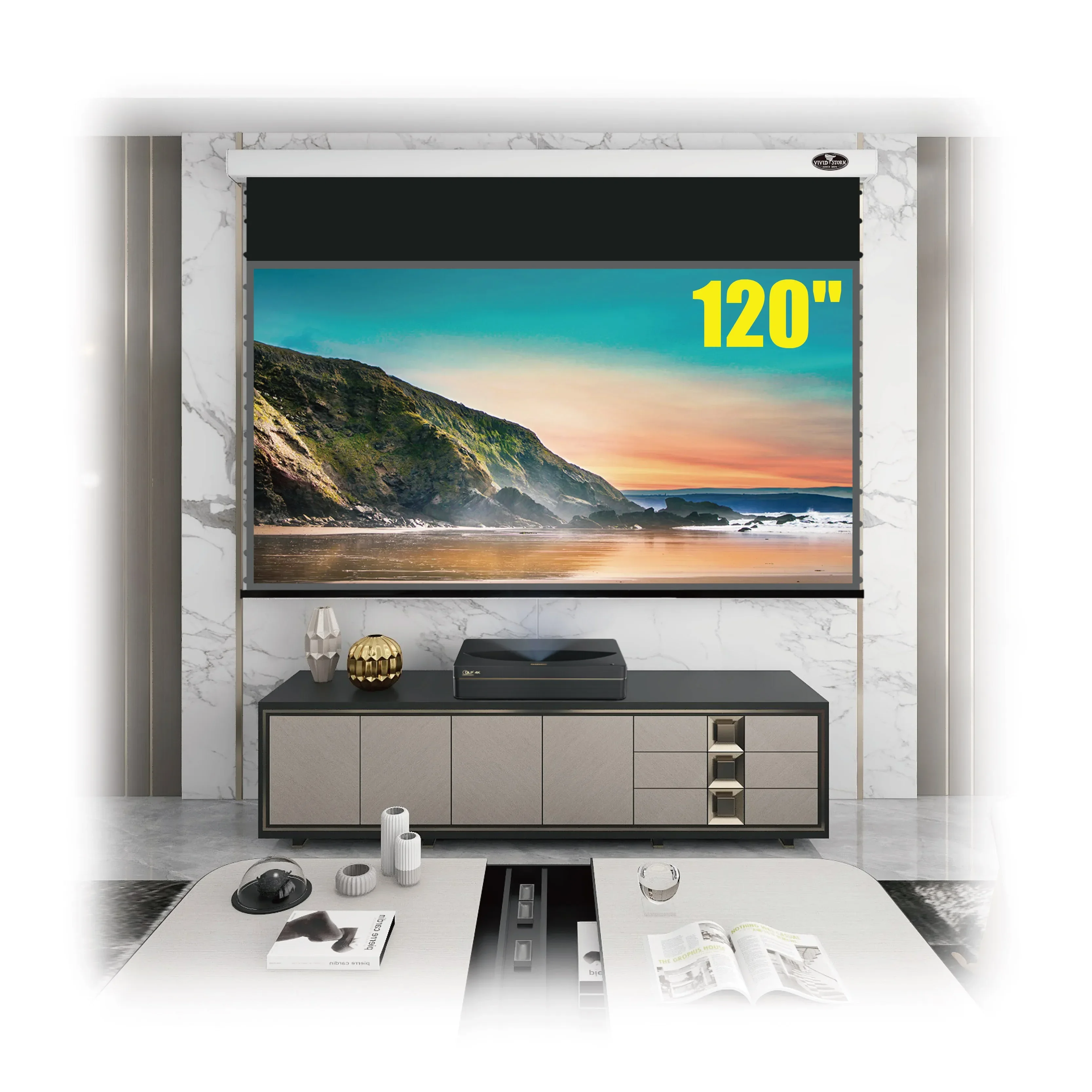 VIVIDSTORM 2 set 120 inch PRO Slimline motorized Drop Down screen UST Ambient Light Rejecting 4K ceiling projector screen