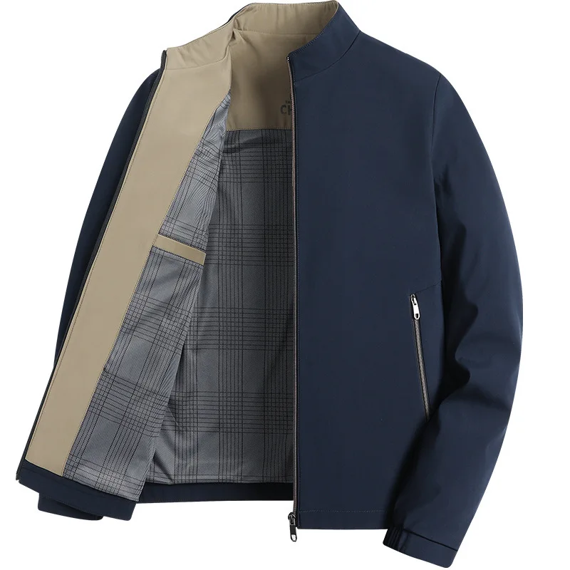 

Men's Spring Autumn Stand Collar Jacket Middle-Aged Business Casual Loose Fit Solid Coat with Multi Pockets & Zipper Dad Gift