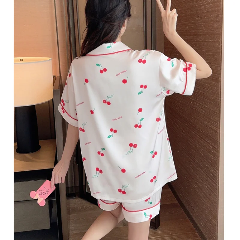 Ins Japanese Casual Pajamas Women\'s Summer Thin Girl\'s Home Lapel Cardigan Two-piece Set Fashion Pyjamas Women Homewear 2PJS