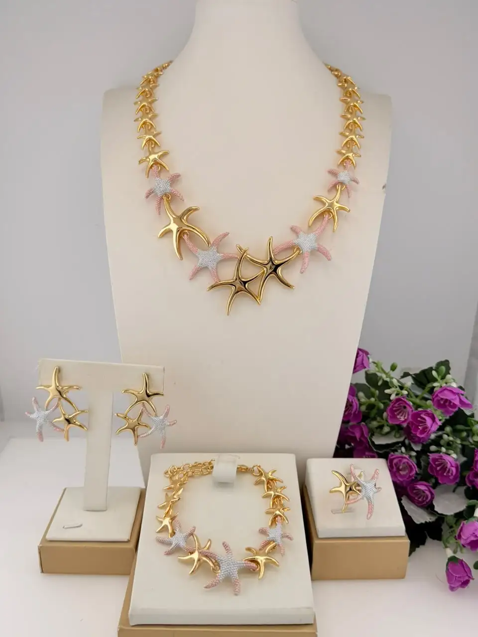 Trendy Three Tone Stars Shape Italian Jewelry Fashionable Fine Necklace Brazalete Aretes Anillo 4PC Jewels Set for Wedding Party