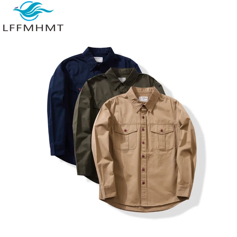 

100% Cotton Long Sleeve Multi-pocket Enginner Men's Shirt Spring Fall Fashion Good Quality Solid Color Simple Basic Lapel Blouse