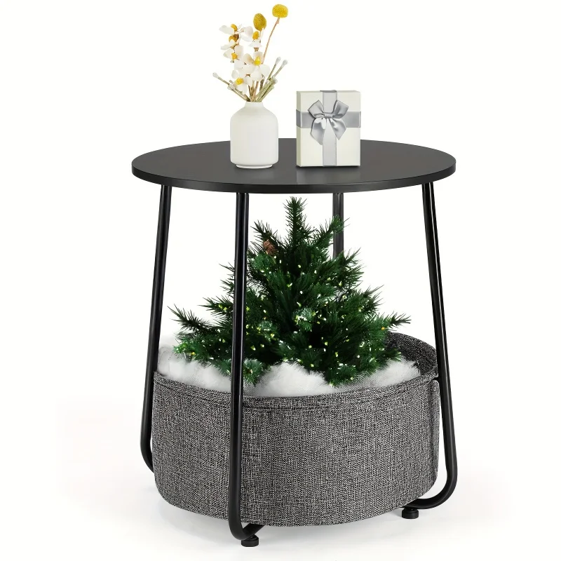 

Table with round edge， Small Bedside Table with Fabric Basket， Living Room， Bedroom， Nursery， Black&Gray