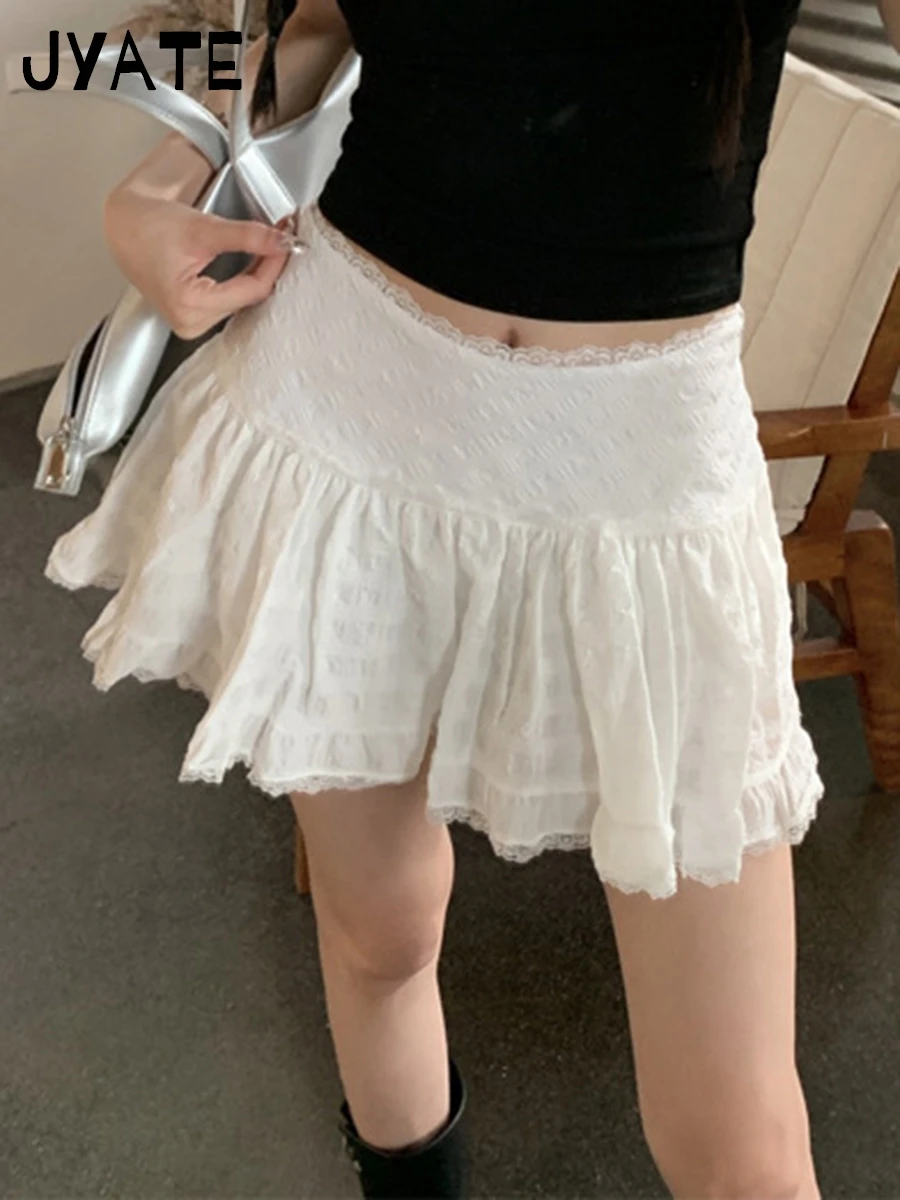 Sweet White Lace Trim Mini Skirts Women Summer Cotton High Waist Folds Texture Short Faldas Cute Preppy Style Y2K A-line Skirt