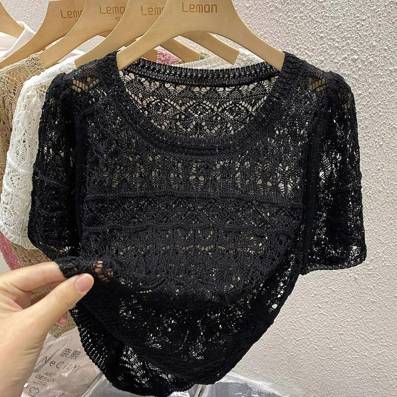 Hollow Out Short-sleeved Knitted Women's Niche Summer New Loose T-shirt Breathable Commuter Versatile Casual Short Top