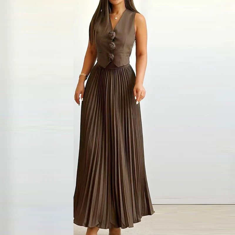 

Nice Elegant Temperament Slim Party Suit Office Simple Solid Color Pleated Outfits Ladies Sexy V Neck Rose Top And Long Skirt 2p
