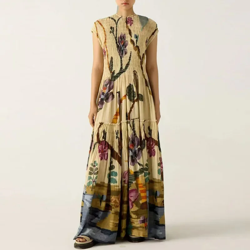 Vintage Pattern Print Long Pleated Dress Woman Spring Elegant O Neck A-Line Maxi Dresses Summer Short Sleeve Vacation Boho Dress