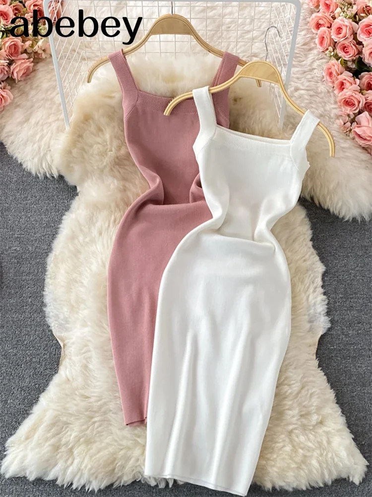 Robe longue mi-longue en tricot pour femmes, Sexy, bretelles, débardeur, taille élastique, moulante, plage, couleur unie, dos nu, été, 2026