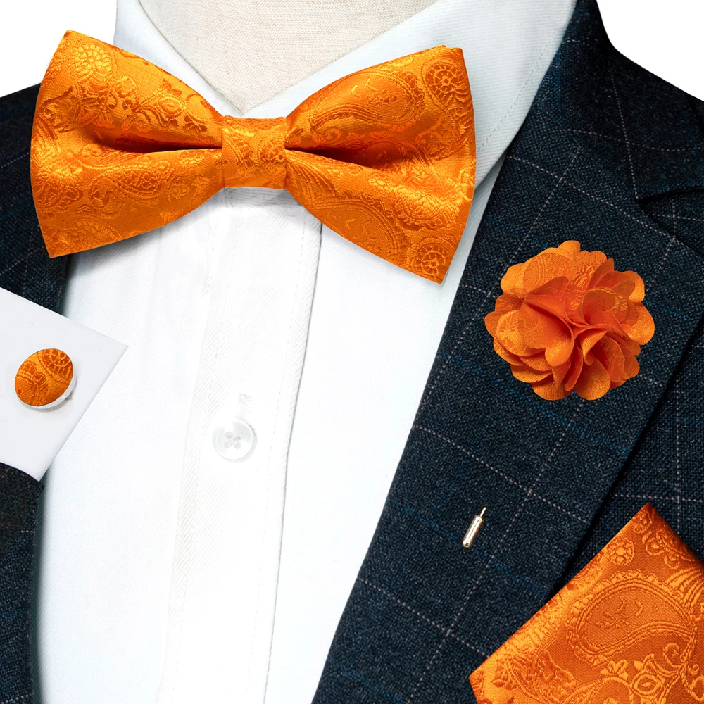 Champagner-Seiden-Jacquard-Paisley-Fliege für Herren, Brosche, Einstecktuch, Manschettenknöpfe-Set, vorgebundene Fliege mit Schmetterlingsknoten für Männer, Hochzeit, Geschäft – Detail 8