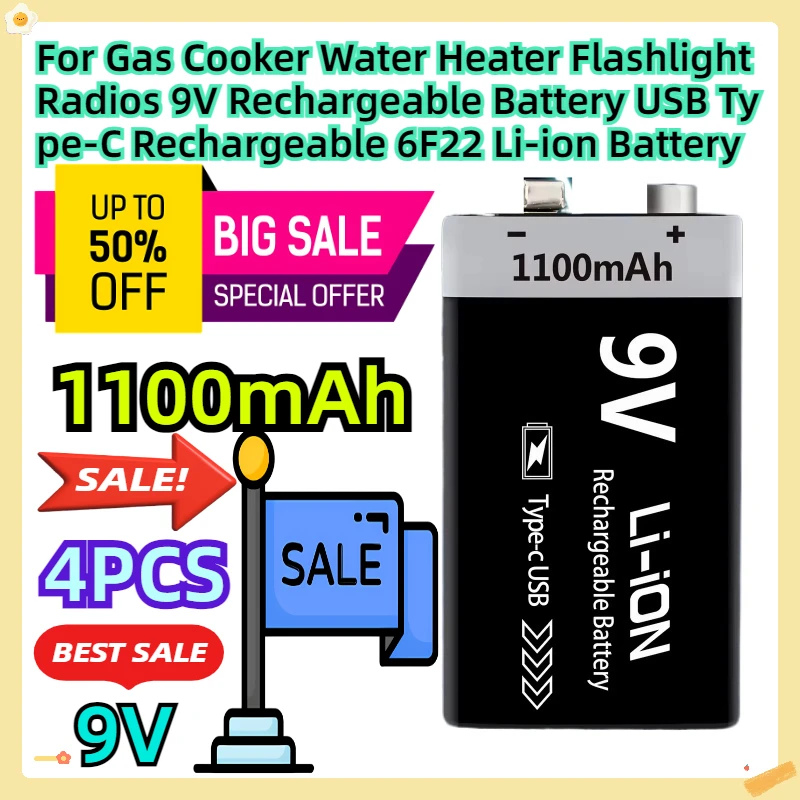 For Gas Cooker Water Heater Flashlight Radios 9V Rechargeable Battery 1100mAh USB Type-C Rechargeable 6F22 9V Li-ion Battery