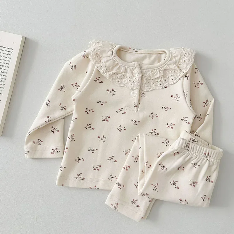 2024 Autumn Baby Pajamas Suit 0-2Y Lace Ruffled Collar Girls Sleep Clothing 2PCS Set Toddler Sweet Floral Home Wear