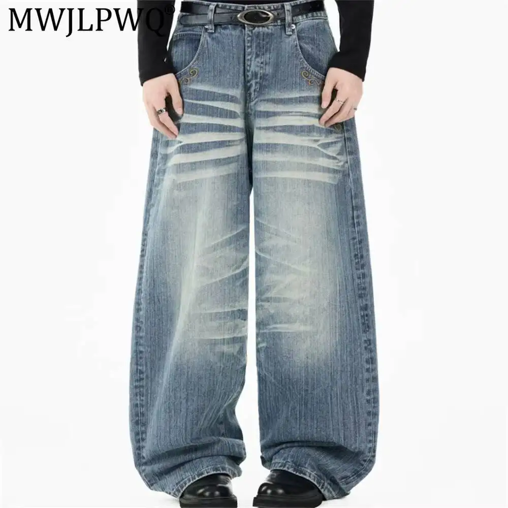 MWJLPWQ American-Style Washed Distressed Jeans For Men Punk Design Back Pockets Unique Loose Wide-Leg Trousers 2026 Autumn 20132