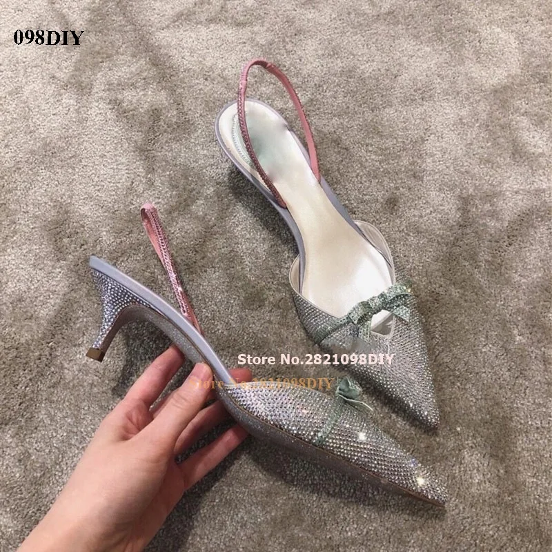 Bling Bling Crystal Bow Knot Slingback Pointed Toe Wedding Party Shoes Women 8Cm High Heel Pumps Slip On Dress Shoes Small Size