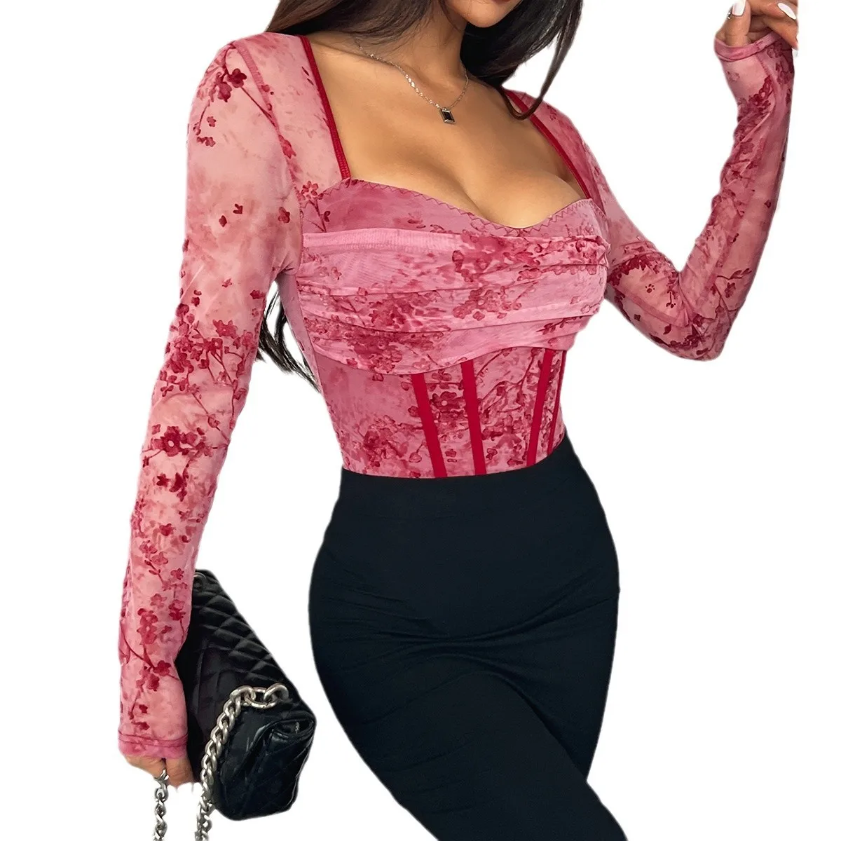 2025 nieuwe Europese en Amerikaanse herfst Kerst straat visgraat kleur vrouwen lange mouwen sexy spice onesie 60943