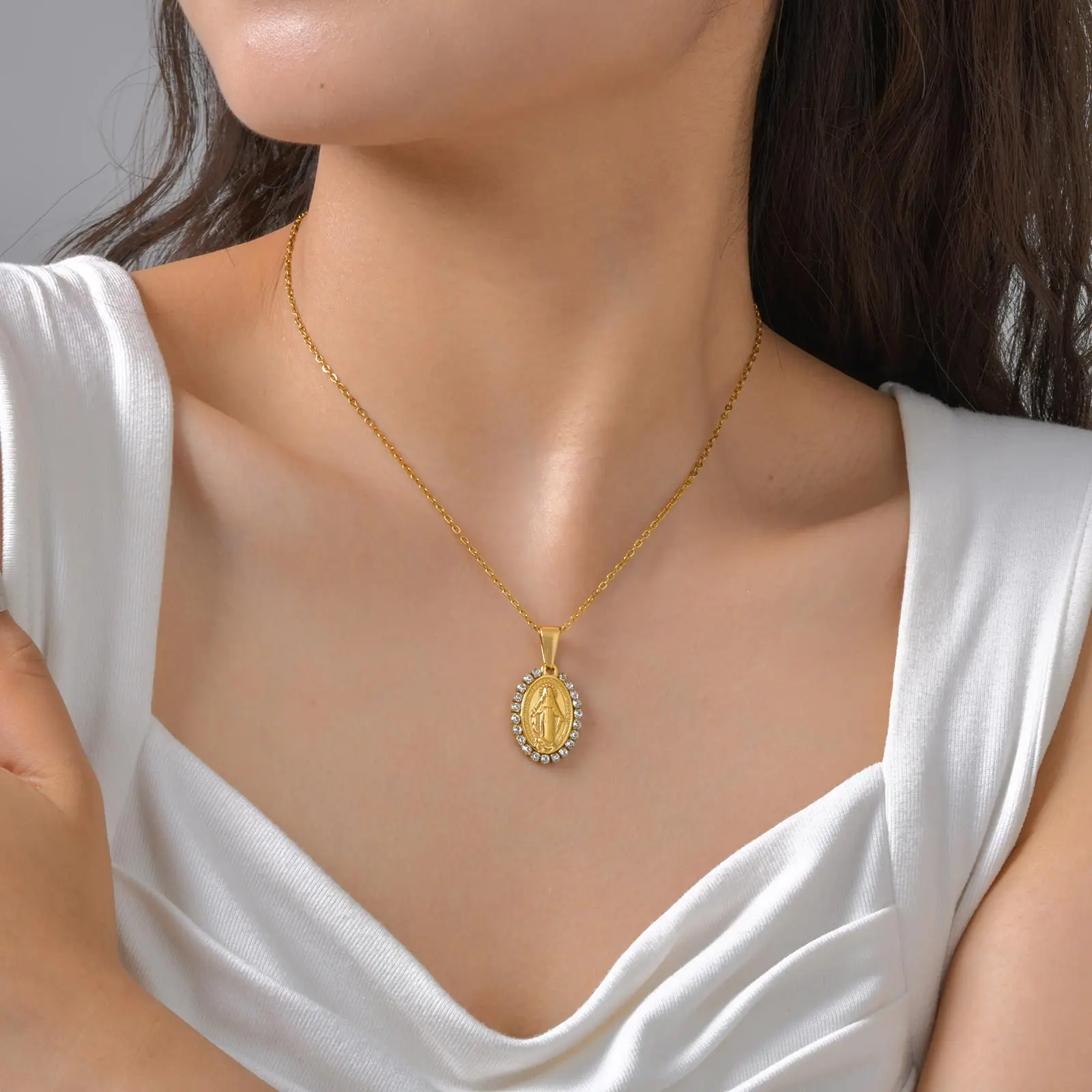 Klassische Jungfrau Maria Anhänger-Halskette für Frauen, Zirkon-Imitationsperle Naturstein-Perlen Charm-Halskette, Edelstahl-Schmuck – Detail 3