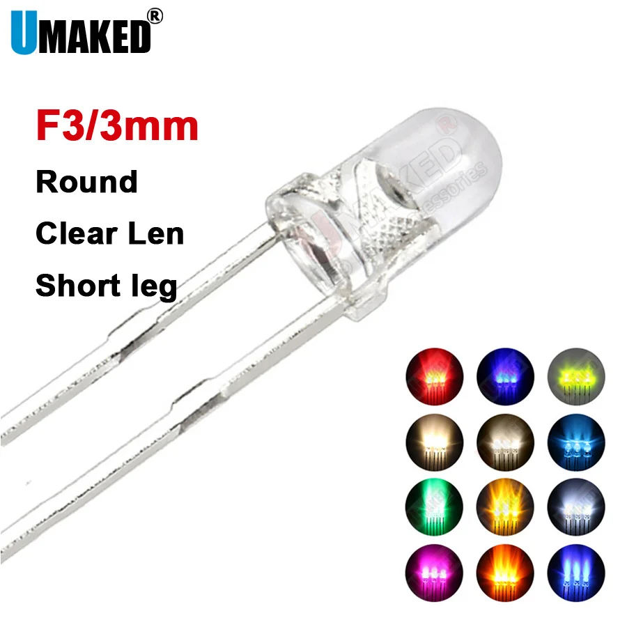 1000PC 3mm Clear/color/Foggy Len LED round lamps diodes chip  light beads F3 led Emitting diodes WW/W/R/G/B/Y Lighting DIY lamp