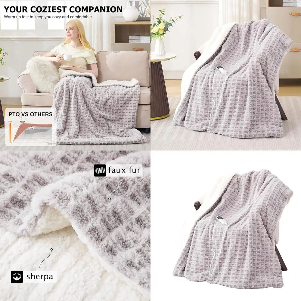 

62x84 Grey Waffle Electric Blanket with 6 Heat Levels, 10 Timers, Soft Faux Fur, Machine Washable, ETL Certified