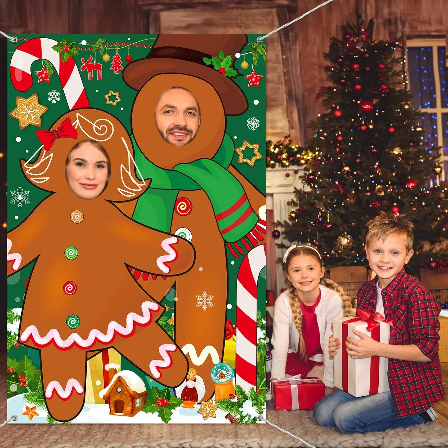 1.5 * 1M Fun Gingerbread Man Face Exposure Background Cloth Christmas Party Background Photo Decoration