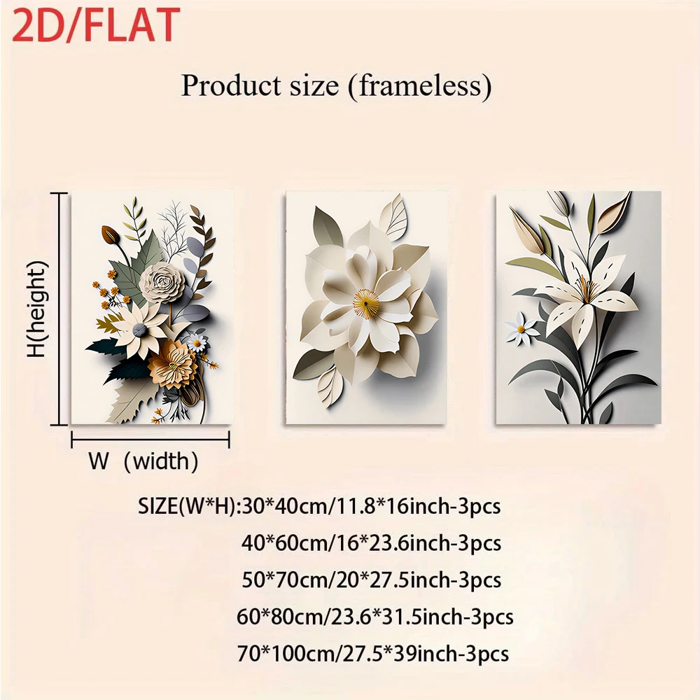 3PCS Frameless,1 set of modern minimalist triple decoration frameless flower and plant art paintings 2D plan