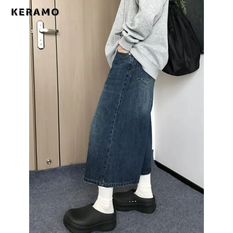 American Retro High Waist Mid Long Jeans Pockets 2024 Summer Y2K Grunge Hip-hop Shorts Women's Casual Street Washed Denim Shorts