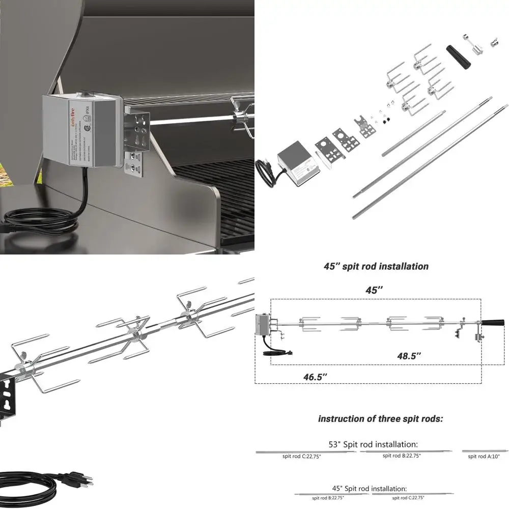 

Stainless Steel Rotisserie Kit for 45-53 Grills, 1/2 Hex Spit Rod, Electric Motor