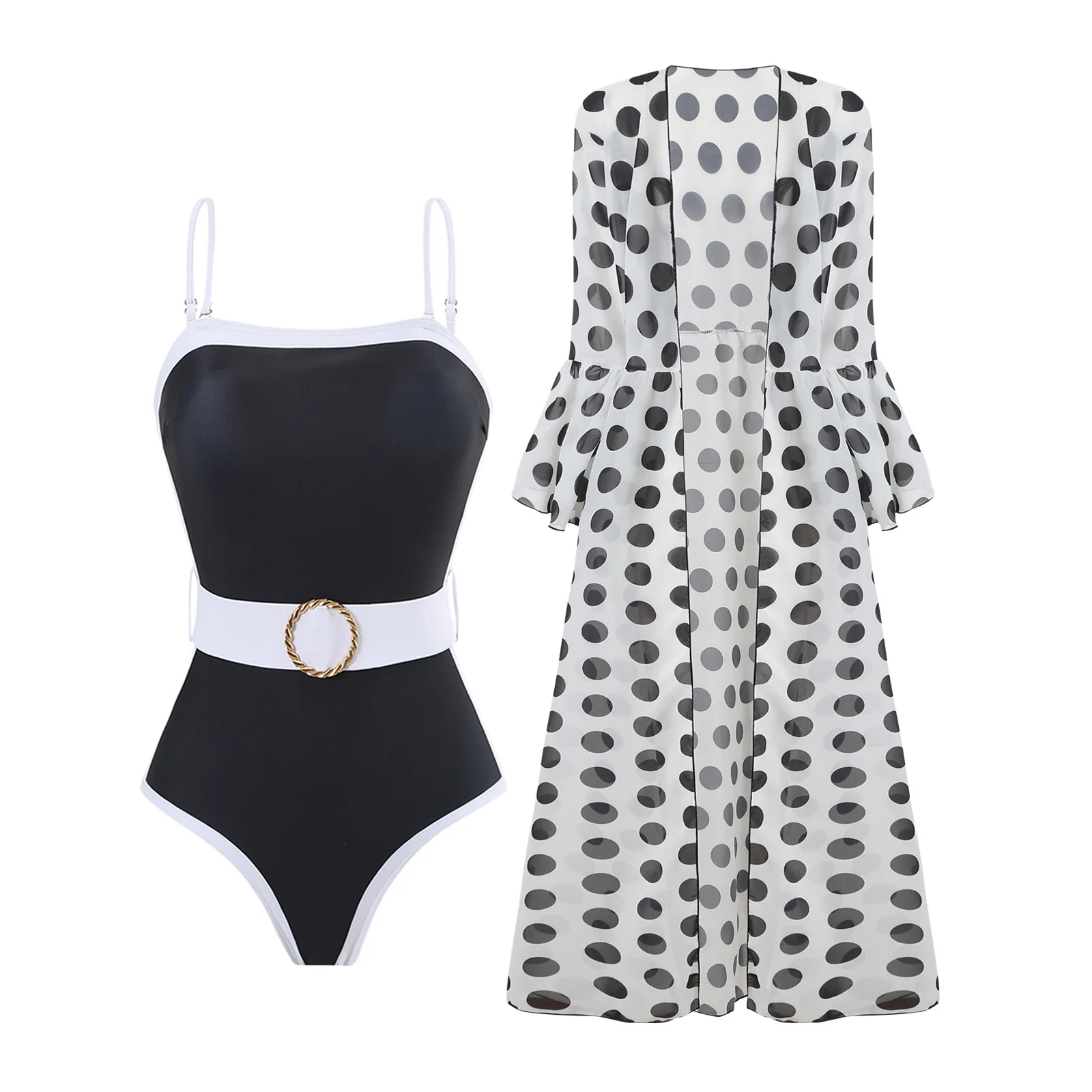 

Color Block Swimwear Woman 2025 Sexy Waist Belt One Piece Swimsuit Fashion Black and White Matching Bikini with Polka Dot Skirt