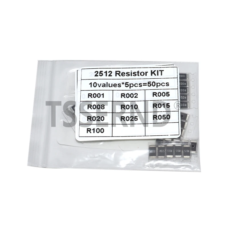 50PCS Alloy Resistance 2512 SMD Resistor Samples Kit R001 R002 R005 R008 R010 R015 R020 R025 R050 R100 10 Kinds X5pcs=50pcs