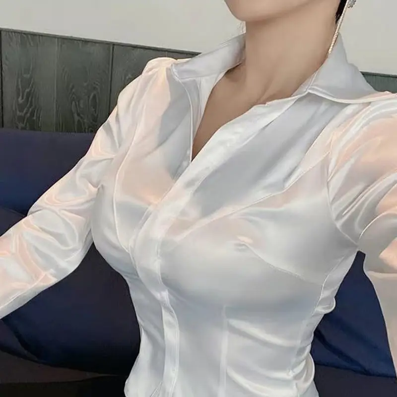 Hohe Qualität Satin Sexy OL Dünne Grundlegende Weißes Hemd Frauen Tuniken Vintage Stil Langarm Casual Tops Büro Dame Arbeit blusen 5X