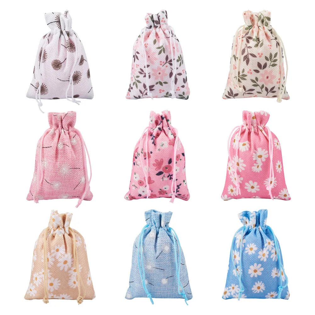 27pcs Burlap Drawstring Bag Daisy Dandelion Flower Pattern Rectangle Packing Pouches DIY Jewelry Storage Supplies 14.5x10x0.35cm