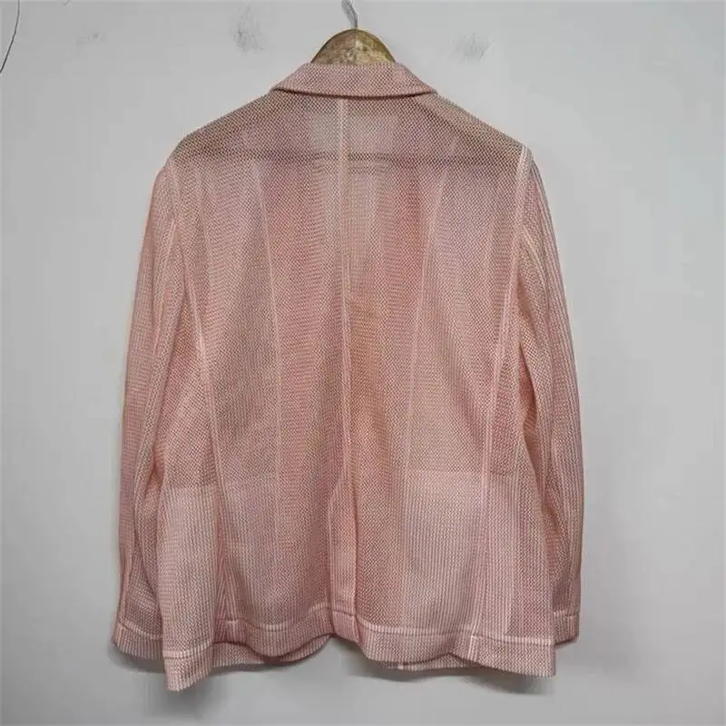 Mesh Hollow-out Trendy Men's Suit Jacket Simple Design Long Sleeve Solid Color Pocket Layered Casual Male Blazer V45G