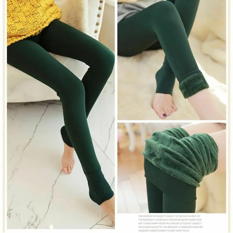 Women Autumn Winter Thick Warm Thermal Leggings Solid Color High Waist Stretchy Fleece Lined Pants Skinny Tights Pantyhose