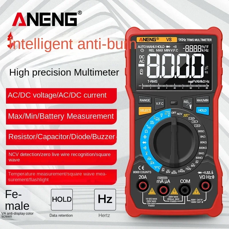 

ANENG V8 Digital Multimeter Profesional True RMS 8000 Counts NCV DC/AC Current Voltage LCD Accurate Auto Range Transistor Tester