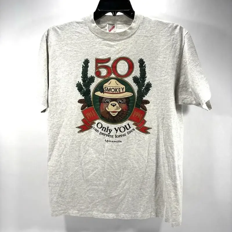 Vintage Smokey The Bear 50 Years Yosemite Light Gray T Shirt Mens Size L 90s